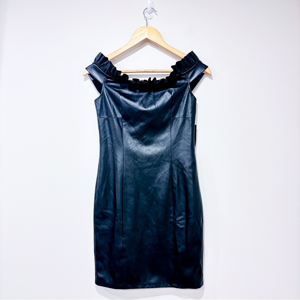 VENUS – Black faux‎ leather off-shoulder mini dress with ruffle neckline *